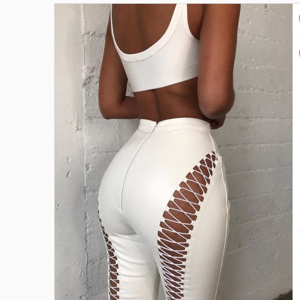 House Of CB, 'Sandrelle' White Vegan Leather Lace Up Trousers, Size M